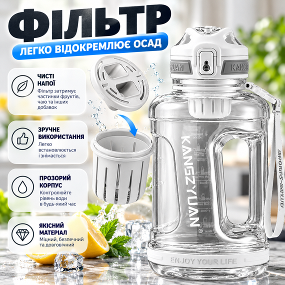 Спортивная бутылка для воды KANGZYUAN 1500 мл Tritan BPA Free, ударопрочная, белая, с ручкой и ремешком | Зображення 3