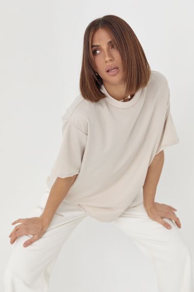 Однотонная женская футболка в стиле oversize - бежевый цвет, M (есть размеры) | Зображення 5
