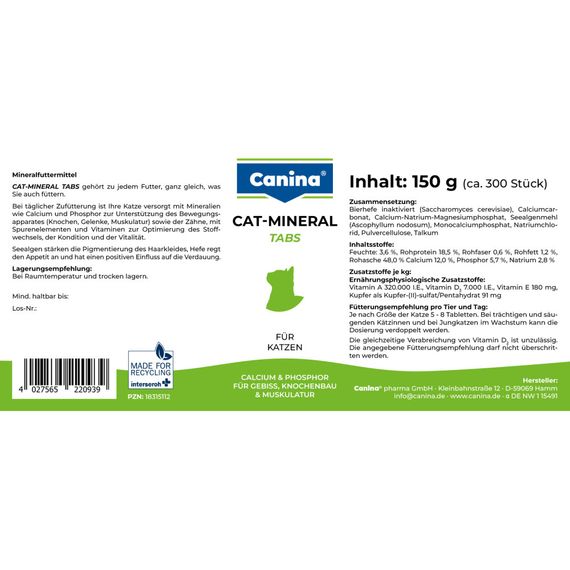 Витамины Canina Cat-Mineral Tabs для кошек, поливитаминный комплекс, 150 г (300 табл) | Зображення 2