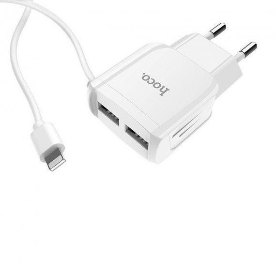 Мережевий зарядний пристрій Hoco 2хUSB із вбудованим кабелем Type-C White (C59A) | Зображення 1