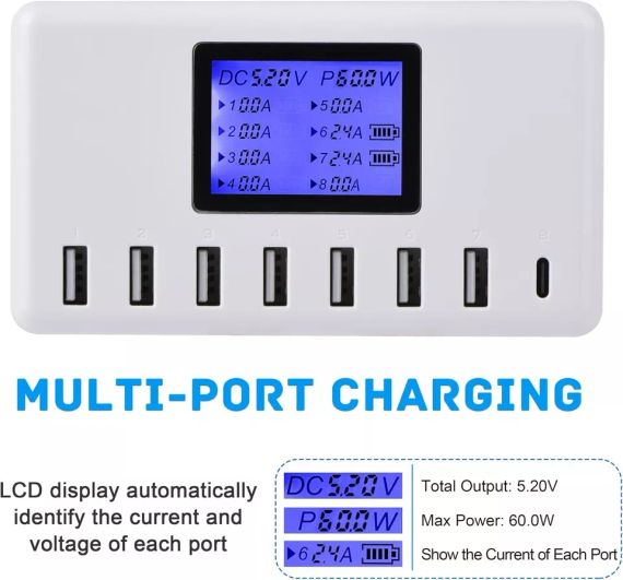 i10 60 Вт USB C зарядний пристрій 8-портова USB Type C PD швидка зарядна станція PD3.1 чорний | Зображення 1