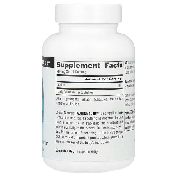 Таурин Source Naturals Taurine 1000 60 капсул | Зображення 1