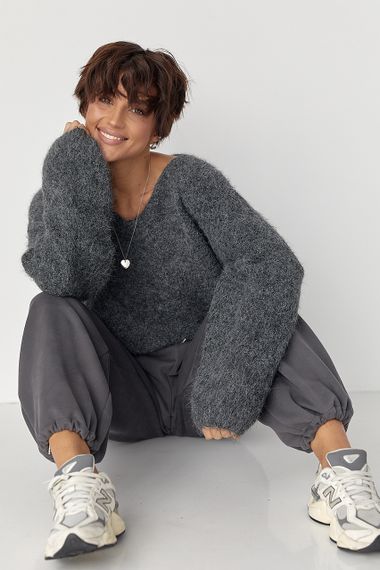 Мохерова кофта з V-подібним вирізом - темно-сірий цвет, ONE SIZE (є розміри) | Зображення 2