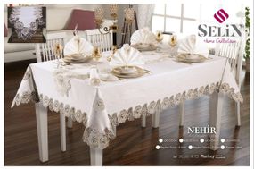 Лляна скатертина з ранером Selin Nehir Set 160×300+12 серветок кремова