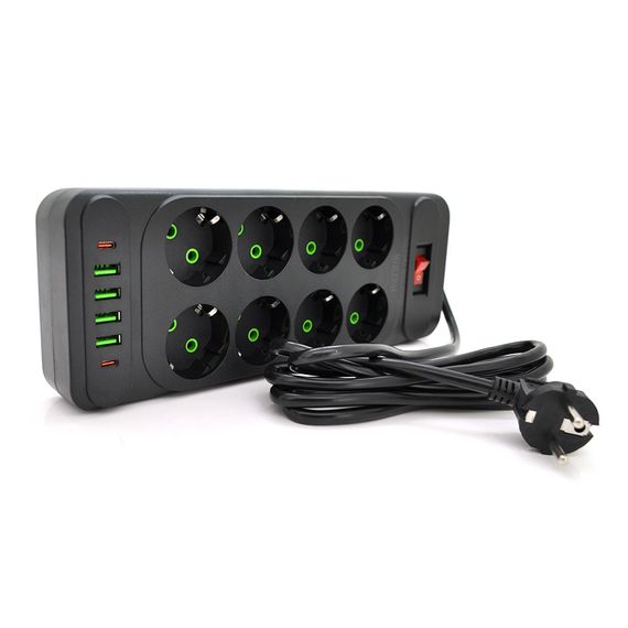 Мережевий фільтр Meilepai F34U, 8 розеток EU + 4 USB + 2 PD арт.31703 | Зображення 1