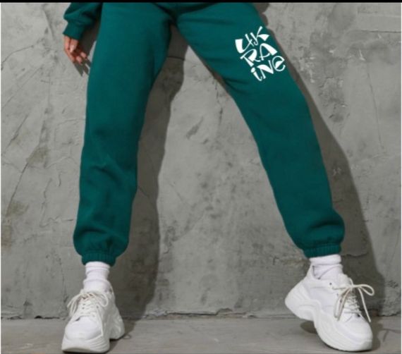 Штани спортивні жіночі ФЛОРА двонитка темно-зелені з принтом UKRAINE, роз. 44