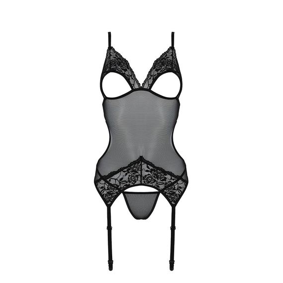 Корсет із підв’язками та ажурним ліфом Passion CHRISTA CORSET L/XL, black, стрінги в комплекті | Зображення 4