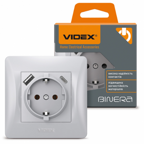 BINERA срібний шовк Розетка внутрішня +USB+Type-C із заземленням Videx | Зображення 1