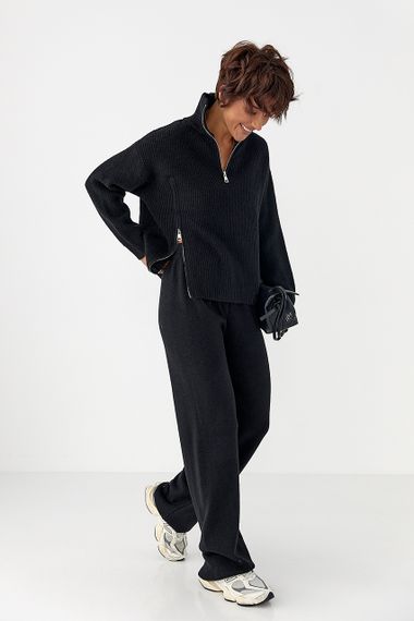 В'язаний костюм зі светром із блискавками та прямими штанами - чорний цвет, ONE SIZE (є розміри)