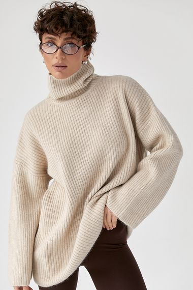 Тепла в'язана туніка в рубчик - бежевий цвет, ONE SIZE (є розміри) | Зображення 4