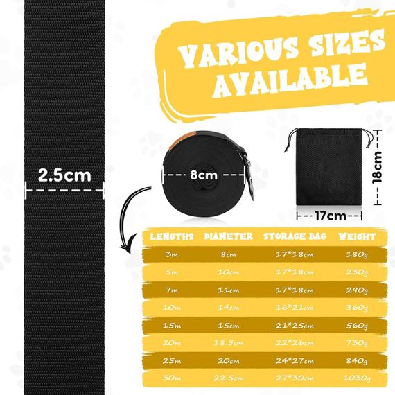 Довгий повідець для собак 20 м нейлоновий, міцна шлейка з металевим карабіном для дресирування та прогулянок, чорний | Зображення 7