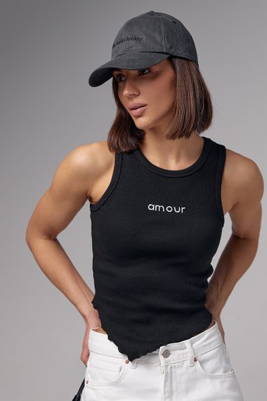Женская майка в рубчик с асимметрией и надписью Amour - черный цвет, S (есть размеры) | Зображення 4
