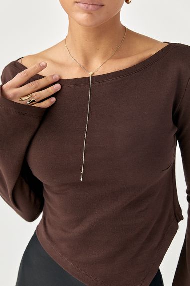 Трикотажна блуза з асиметричним низом - коричневий цвет, S (є розміри) | Зображення 3