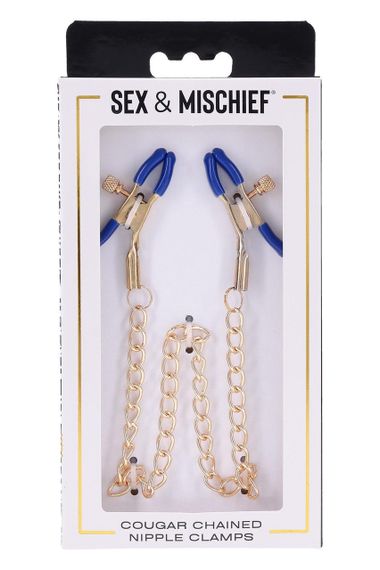 Золотистые зажимы для сосков Sex & Mischief Cougar Chained с синими наконечниками sexstyle | Зображення 3