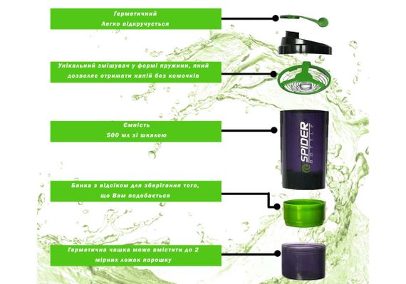 Шейкер спортивний EasyFit Spider 0,5л Чорно-зелений (EF-7200-G) | Зображення 2