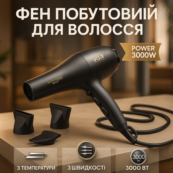 Потужний універсальний фен VGR V-406 3000Вт, Фен для укладання середнього волосся DY-69
