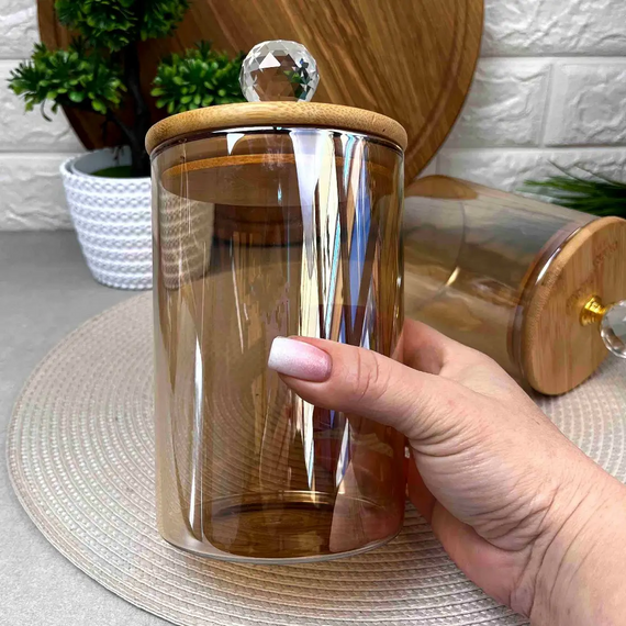Банка для зберігання Smokey Shine Crystal GK-5543 950 мл скло з бамбуковою кришкою та декоративною ручкою Золотистий | Зображення 4