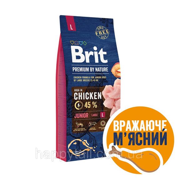 Корм Brit Premium by Nature Junior L для щенков крупных пород (25-45 кг), курица 15 кг