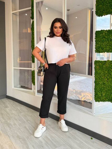 Женские льняные укороченные штаны с подворотом FZ905 цвет черный размер 42/44