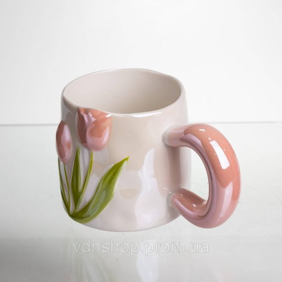 Новорічна порцелянова чашка для чаю та кави "Ніжний Тюльпан" з 3D-декором 400 мл, святкова кружка чашка на подарунок Рожевий | Зображення 3