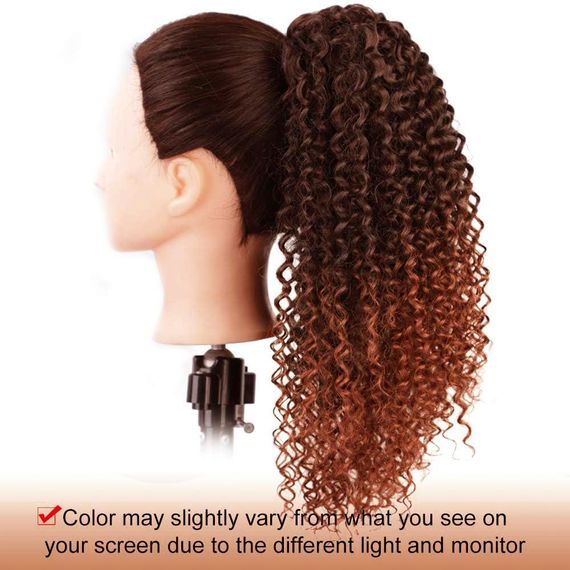 Хвіст накладний кучерявий афро 40 см каштановий з мідно-рудим омбре, шиньйон з шнурком, штучне синтетичне волосся | Зображення 1