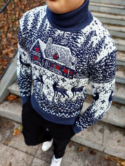 Мужской новогодний свитер Олени домик PA0001 цвет синий, размер L | Зображення 1
