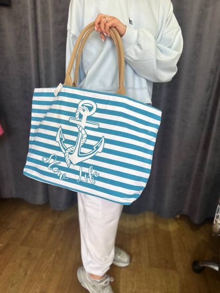 Женская большая пляжная сумка в полоску с якорем одно отделение на молнии AV609 размер 48/36, голубая