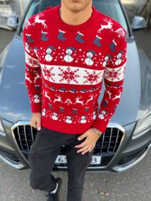 Мужской новогодний свитер Снеговик с оленями PA2656 цвет красный, размер XL