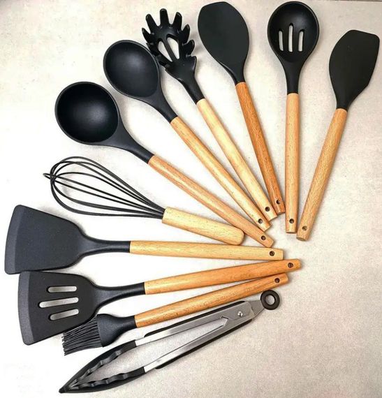 Набор кухонных предметов Silicone kitchen utensils set 12 предметов Черный | Зображення 7