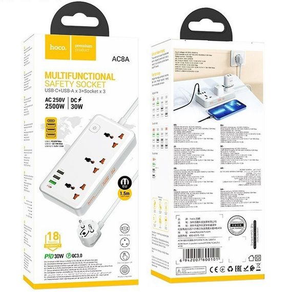 Удлинитель Hoco AC8A Storm (PD30W/1C/3A/3xSocket) (1.5m) White | Зображення 1