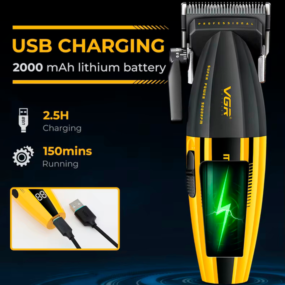Аккумуляторная машинка для стрижки VGR V-285, 6 насадок, 9000 RPM, 2000 mAh, LED дисплей | Зображення 3