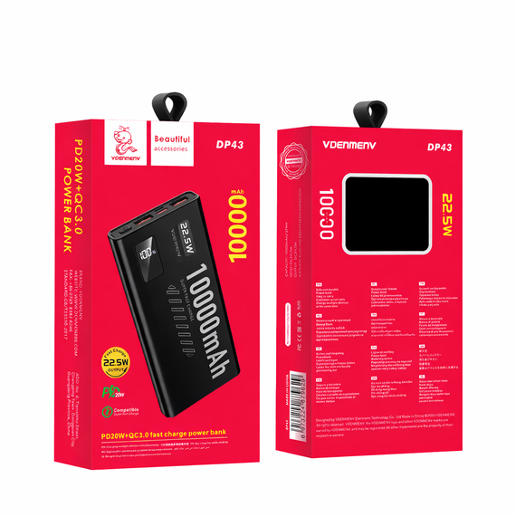 Павербанк VDENMENV DP43 10000mAh 22.5W PD + QC 3.0 з дисплеєм, чорний | Зображення 1