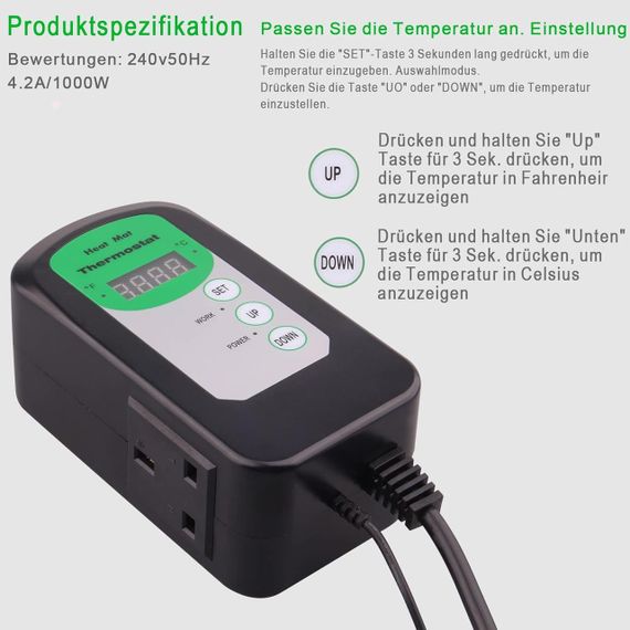 Цифровий термостатний регулятор RIOGOO для пророщування насіння, рослин, рептилій, ферментації, 20–42 °C, терморегулятор | Зображення 4