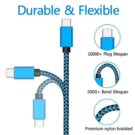 USB Type-C кабель 2.4 A швидке заряджання, нейлоновий для Android 1 метр синій | Зображення 1