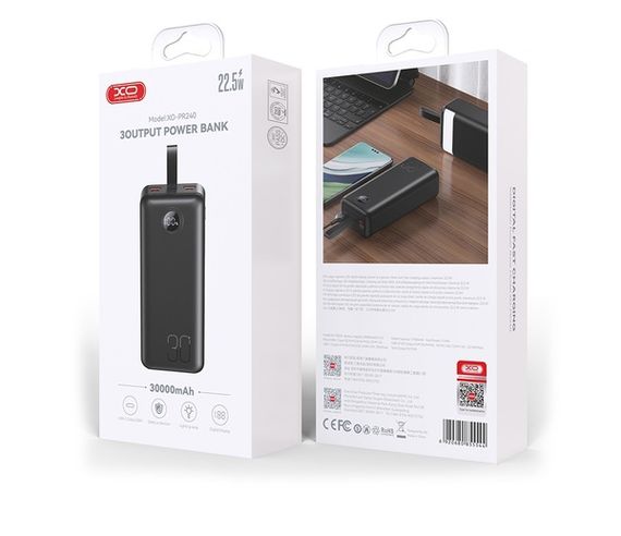 Батарея універсальна XO 30000mAh, PD/20W, QC/22.5W, with light, black (PR240_Black) | Зображення 3