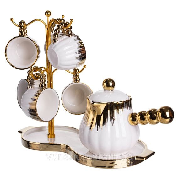Кофейный сервиз на подставке с кофейником 450 (мл) 6 чашек по 90 (мл) подарочный набор чашек на подставке Белый с золотом FM-JJ-5 | Зображення 6