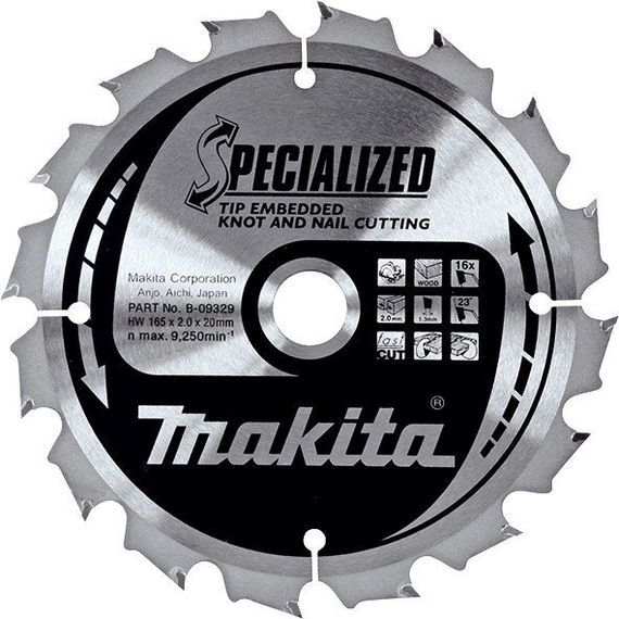 Диск пильный по дереву 165х20 мм 16T Makita Makblade Plus qulet cutting B-09329