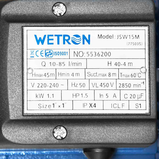 Насос центробежный самовсасывающий 1,1кВт 45м 85л/мин Wetron | Зображення 1