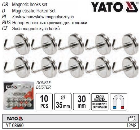Набор крючек магнит YATO Польша основа Ø=35 мм стержень l=30 мм 10 штук YT-08690