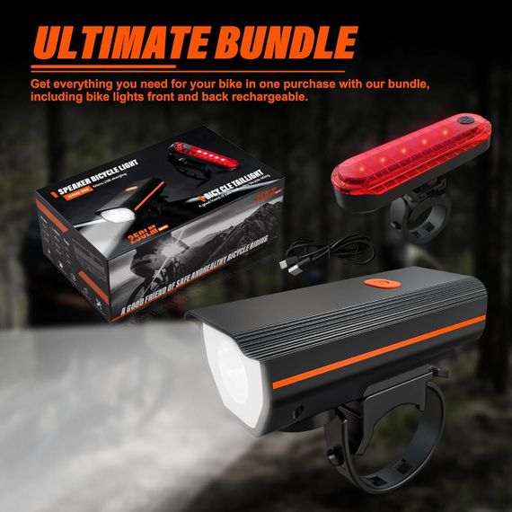 Перезаряджуваний велосипедний ліхтар із дзвінком, спереду та ззаду, світлодіодні надяскраві велосипедні ліхтарі | Зображення 1