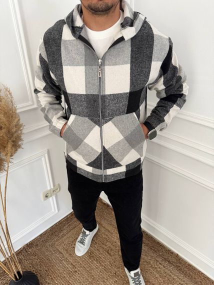 Тепла чоловіча байкова сорочка в клітку на блискавці з капюшоном розмір 44/46 колір чорний adl1004