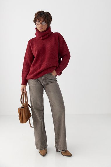 Жіноча в'язана туніка з високою горловиною - бордо цвет, ONE SIZE (є розміри) | Зображення 2