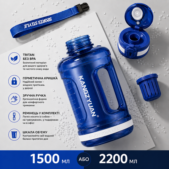 Бутылка для воды KANGZYUAN 1500 мл Tritan BPA Free Синяя (с ручкой и ремешком) | Зображення 8
