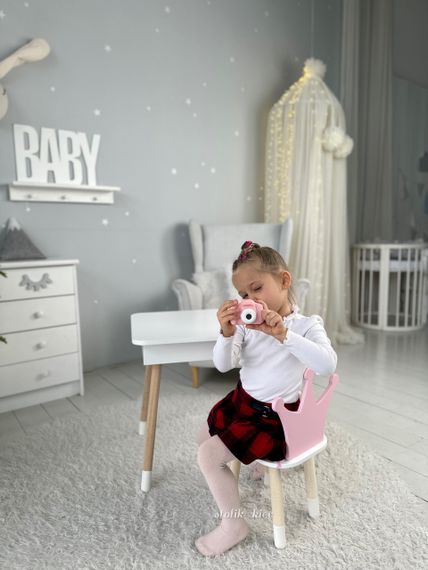 Дитячий столик білий і стільчик корона рожева. Столик із нішею для олівців і розмальовок | Зображення 7