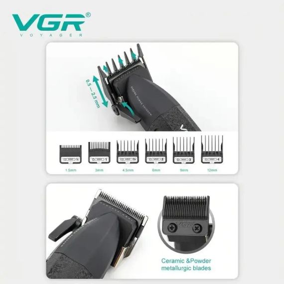 Аккумуляторная машинка для стрижки VGR V-640C BLACK, 6 насадок, LED дисплей, 9000RPM | Зображення 5