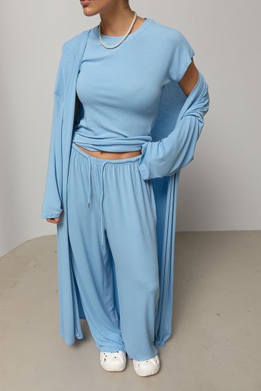 Легкий костюм із довгого кардигана, футболки та широких штанів - блакитний цвет, ONE SIZE (є розміри) | Зображення 5