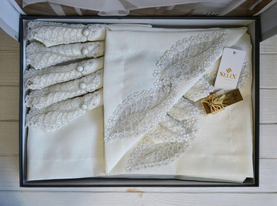 Льняна скатертина Selin Elif Set 160×350+12 серветок кремова | Зображення 2