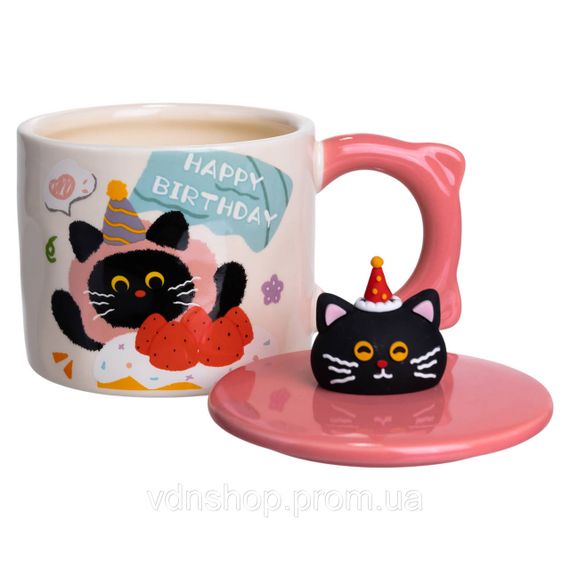 Чашка фарфоровая с крышкой Kitten's Birthday 400 (мл) подарочная кружка прикольная чашка для детей на подарок Розовый FM-24C | Зображення 3