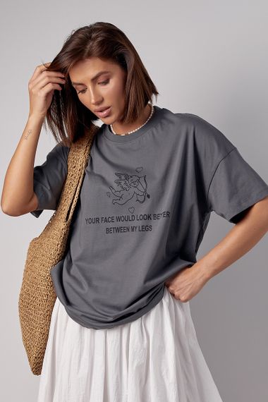 Женская футболка oversize с принтом ангела - серый цвет, M (есть размеры)