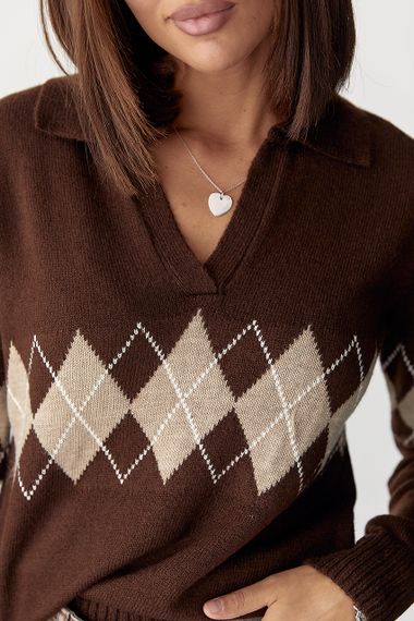 В'язаний светр-поло з ромбами - коричневий цвет, ONE SIZE (є розміри) | Зображення 3
